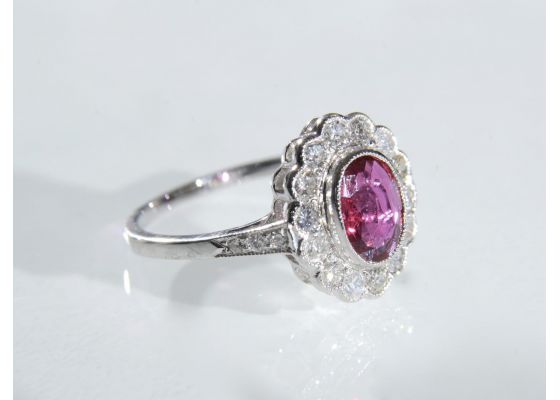 Vintage ruby and diamond floral cluster ring in 18kt white gold