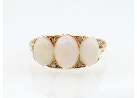 Antique White Precious Opal Three Stone Carved Ring in Gold