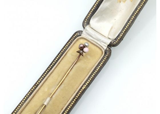 Antique diamond pearl and coral trefoil stick pin in silver and gold