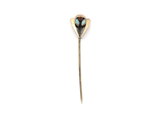Antique Amethyst & Opal Flower & Leaf Stick Pin