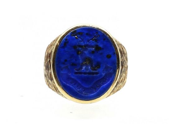 Vintage 'If I Can' Lapis Lazuli Intaglio Signet Ring in Yellow Gold