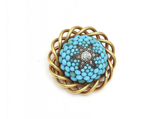 Victorian Diamond & Turquoise Star Brooch in Yellow Gold