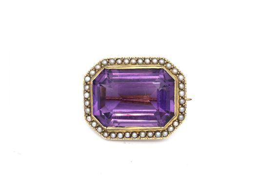 Victorian Amethyst & Seed Pearl Brooch in Yellow Gold