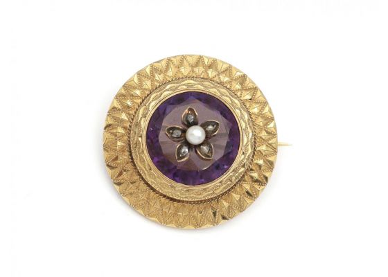 Antique French Pearl Diamond & Amethyst Circular Brooch