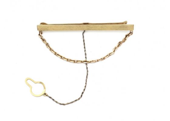 Vintage 9kt yellow gold frosted tie slide with safety chain