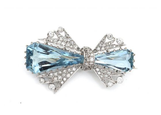 1950s Aquamarine & Diamond Bow Brooch