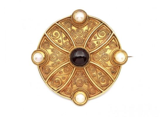 Etruscan Revival Garnet & Pearl Locket Brooch in Yellow Gold