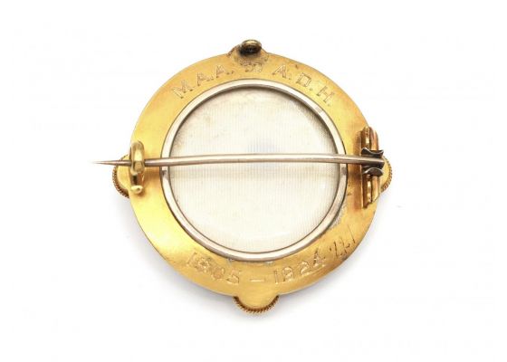 Etruscan Revival Garnet & Pearl Locket Brooch in Yellow Gold
