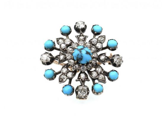 Convertible Antique Turquoise & Diamond Snowflake Brooch Pendant