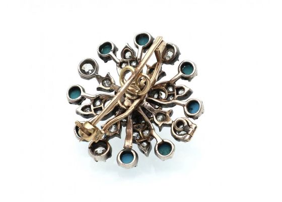Convertible Antique Turquoise & Diamond Snowflake Brooch Pendant