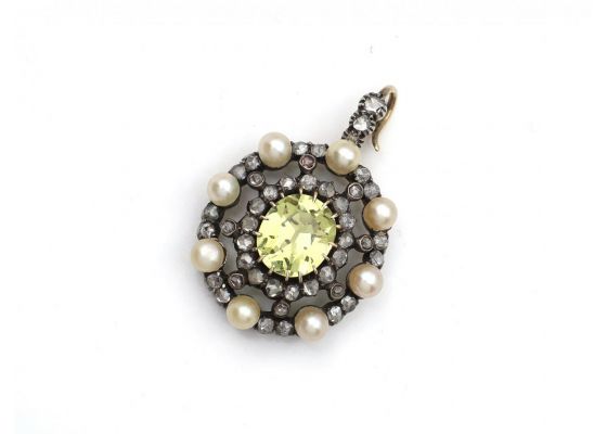 Antique Chrysoberyl Diamond & Pearl Cluster Pendant