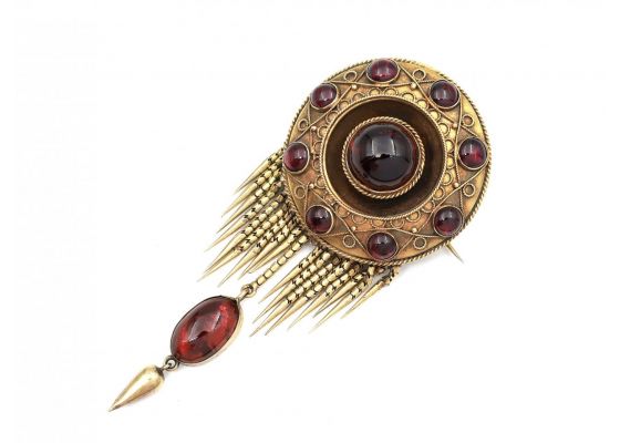 Victorian Garnet Carbuncle Tassel Brooch with Hidden Locket