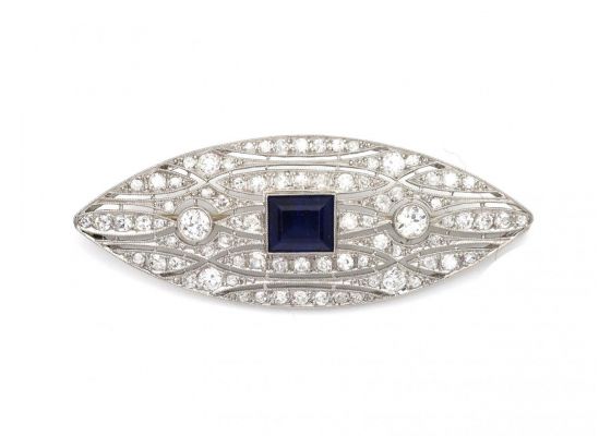 Art Deco square sapphire and diamond navette brooch