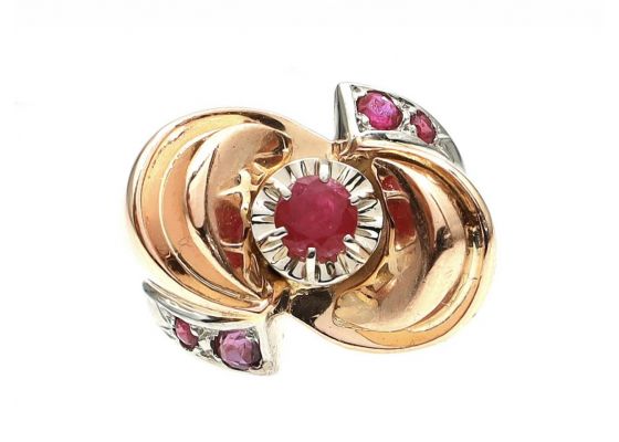 1940s 18kt rose gold ruby set modernist cocktail ring