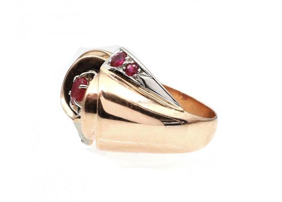 1940s 18kt rose gold ruby set modernist cocktail ring