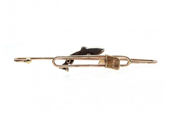 1965 9kt yellow gold tie slide with an enamel brown trout