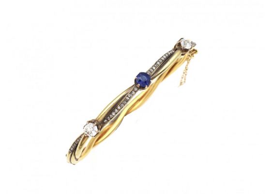 Antique sapphire and diamond hinged bangle in 18kt yellow gold