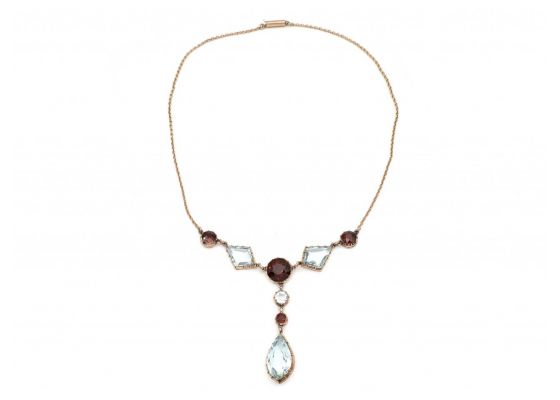 Arts and Crafts Aquamarine & Almandine Garnet Drop Necklace in Gold