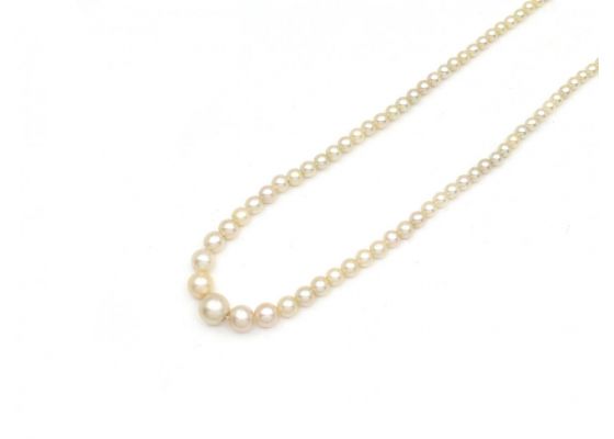 Art Deco natural pearl graduating necklace with diamond and sapphire clasp