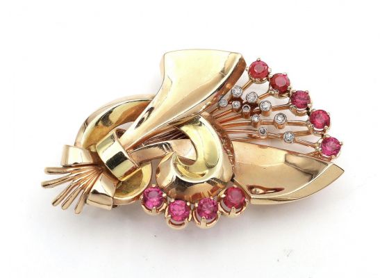 1940s synthetic ruby and diamond brooch in 18kt rose and yellow gold