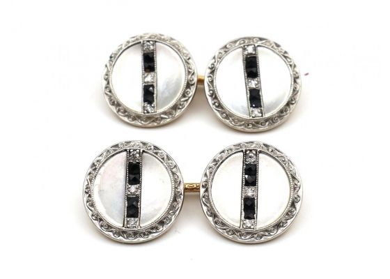 Edwardian onyx, diamond and mother of pearl button cufflinks