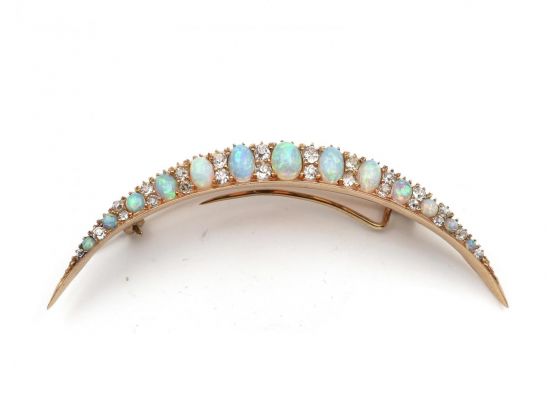 Victorian Opal & Diamond Crescent Moon Brooch