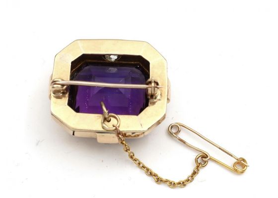 Amethyst & Old Mine Cut Diamond Brooch in Yellow Gold