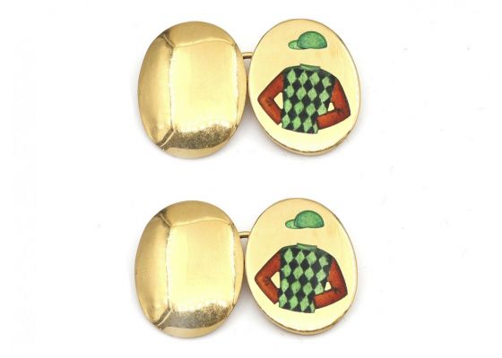 Enamel jockey cap and shirt double oval cufflinks