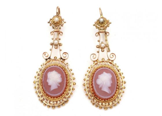Antique French Hard Stone Cameo Drop Earrings