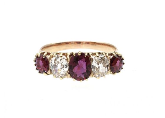 Antique graduating ruby and diamond five stone ring