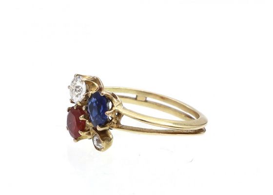 Antique Trefoil Diamond, Ruby & Sapphire Cluster Ring