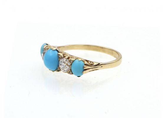 Victorian Turquoise & Diamond Five Stone Carved Ring