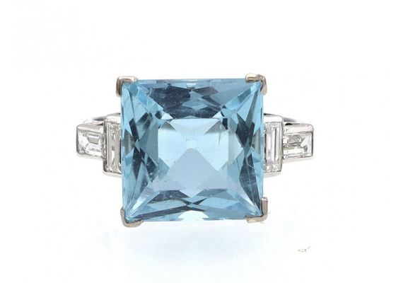 Vintage Square Aquamarine & Diamond Dress Ring