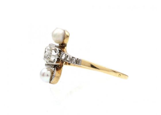 French Belle Époque Diamond & Pearl Vertical Three Stone Ring