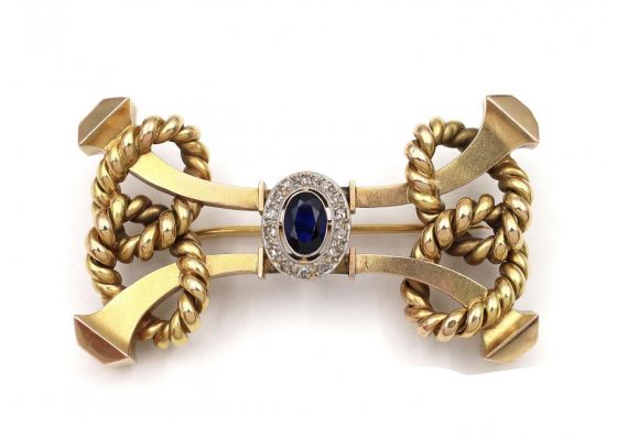 18kt yellow gold, sapphire and diamond retro rope brooch