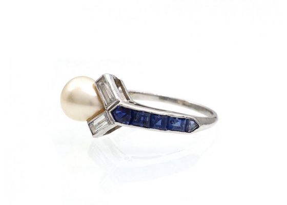 Art Deco pearl, diamond and sapphire asymmetric ring