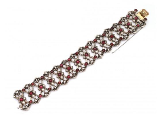 French Art Nouveau Silver & Gold Openwork Bracelet Set With Garnets