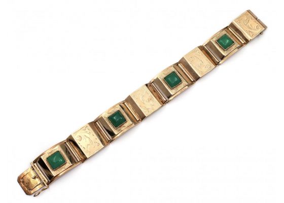 Retro 14kt yellow gold panel bracelet set with jadeite