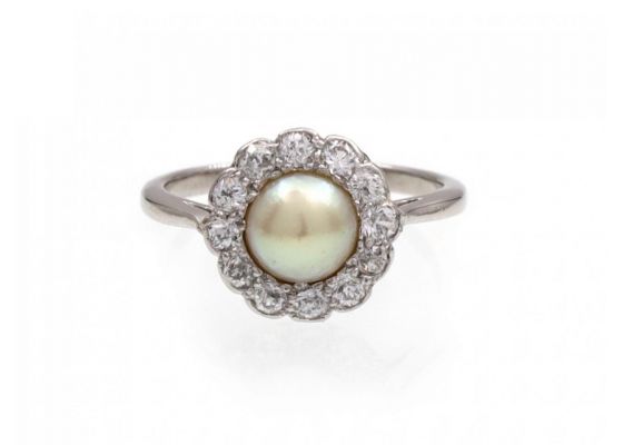 Edwardian natural pearl and diamond floral cluster ring