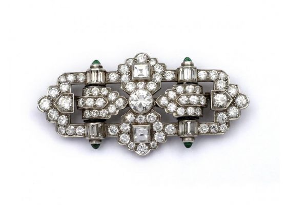 Art Deco openwork diamond and emerald plaque brooch