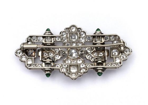 Art Deco openwork diamond and emerald plaque brooch