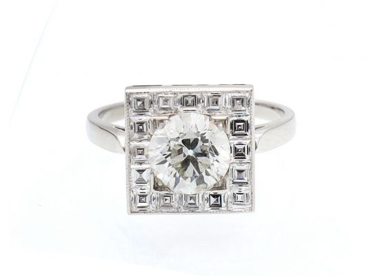 Vintage style diamond square cluster ring in platinum