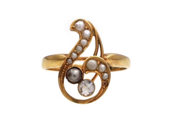 Antique Seed Pearl & Aquamarine Treble Clef Ring