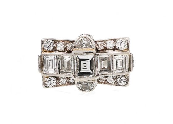 Late 1930s platinum and diamond tank cocktail ring