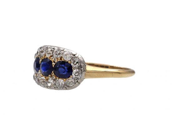 Edwardian sapphire and diamond three stone cluster ring