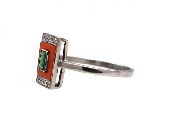 Art Deco Emerald, Coral & Diamond Rectangular Plaque Ring