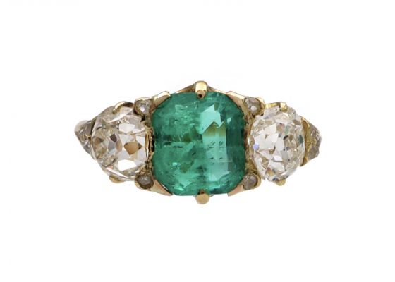 Victorian Colombian emerald and diamond three stone carved ring