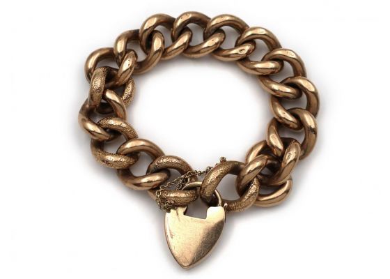 Antique 9kt rose gold textured curb bracelet with heart lock