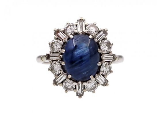 1960s sapphire and diamond vertical cluster ring in 18kt white gold