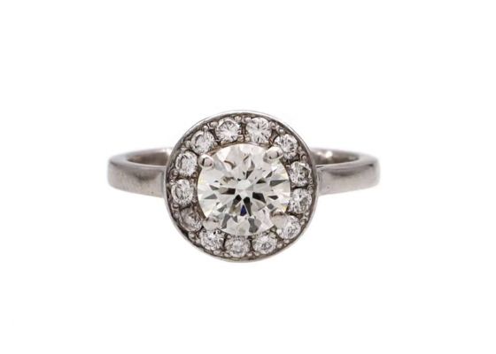 Contemporary diamond halo cluster ring in platinum